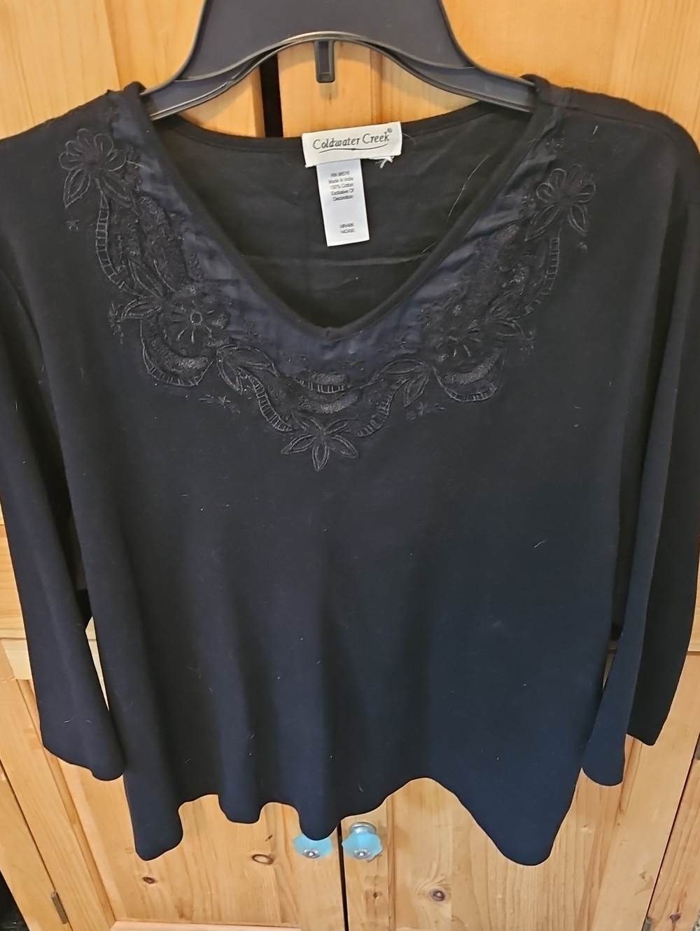Coldwater Creek Black Long Sleeve V-Neck Top with Embroidered Yoke